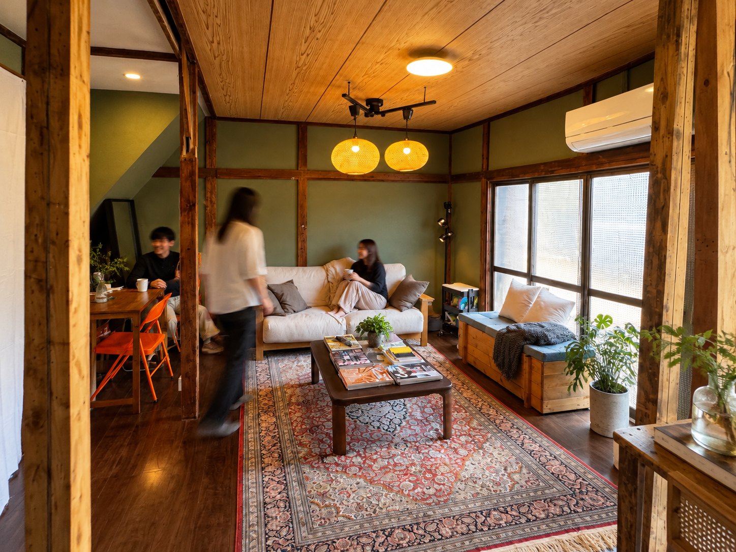 The living room of Horizon House in the early evening, with residents sitting and talking